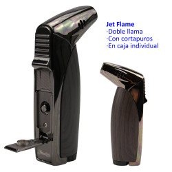 3T. Encendedor turbo jet «PASSATORE Rio» gun metal/madera doble llama con cortapuros