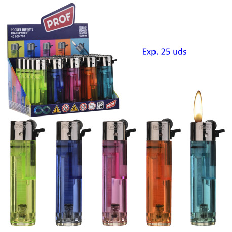 3T. Expositor con 25 encendedores piedra «Prof» transparent
