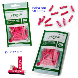 4T. Bolsa con 50 filtros de carbón activo «PURIZE» Ø6 x 27 mm.  Xtra Slim Size pink