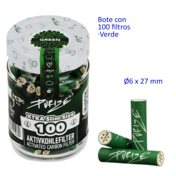 4T. Bote de cristal con 100 filtros de carbón activo «PURIZE» Ø6 x 27 mm.  Xtra Slim Size green