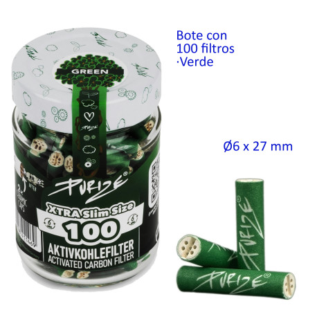4T. Bote de cristal con 100 filtros de carbón activo «PURIZE» Ø6 x 27 mm.  Xtra Slim Size green