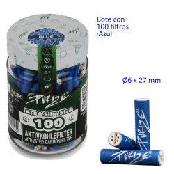 4T. Bote de cristal con 100 filtros de carbón activo «PURIZE» Ø6 x 27 mm.  Xtra Slim Size blue