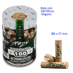 4T. Bote de cristal con 100 filtros de carbón activo «PURIZE» Ø6 x 27 mm.  Xtra Slim Size organic