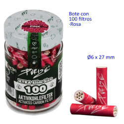 4T. Bote de cristal con 100 filtros de carbón activo «PURIZE» Ø6 x 27 mm.  Xtra Slim Size pink