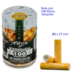 4T. Bote de cristal con 100 filtros de carbón activo «PURIZE» Ø6 x 27 mm.  Xtra Slim Size yellow