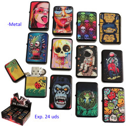 1T. Expositor con 24 encendedores gasolina de metal diseños surtidos
