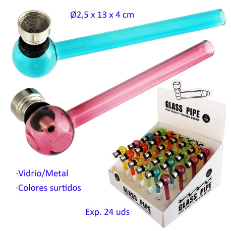 1T. Expositor con 24 pipas de cristal y metal 13 cm. colores surtidos
