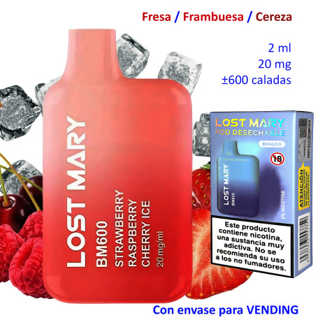4T. Strawberry Raspberry Cherry Ice 20 mg. «Elfbar Lost Mary 600» VENDING Vaper desechable