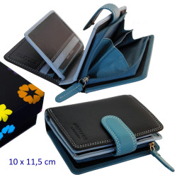 3T. Cartera/billetero/tarjetero señora 10 x 11,5 x 3,5 cm. Negro con azul. Con RFID (protección electrónica). Con estuche