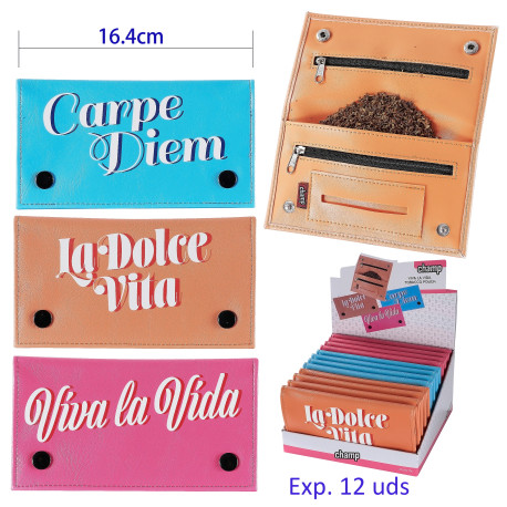 3T. Expositor con 12 bolsas para picadura de tabaco «Champ» Viva la vida