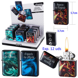 3T. Expositor con 12 encendedores gasolina «Champ» Dragons