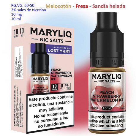 6T. 10 mg. Peach Strawberry Watermelon «MARYLIQ» Sales de nicotina 10 ml.