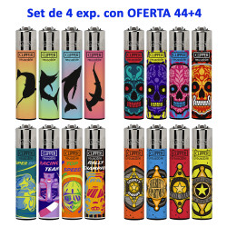 4T. Set with 4 displays 44 decorated «Clipper» lighters + 4 classic free