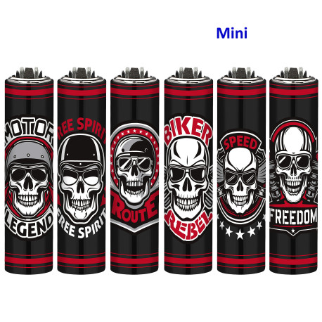4T. Mini Clipper «BIKER SKULLS» Exp. 30 encendedores con funda metal