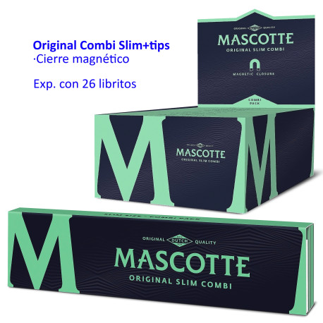 4T. Papel de liar «Mascotte» Original Combi Slim+tips magnético Expositor con 26 libritos