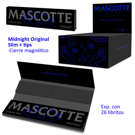 4T. Papel de liar «Mascotte» Midnight Original Slim+tips magnético Expositor con 26 libritos