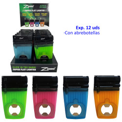 3T. Expositor 12 encendedores piezo «Zorro» glow in the dark con abrebotellas