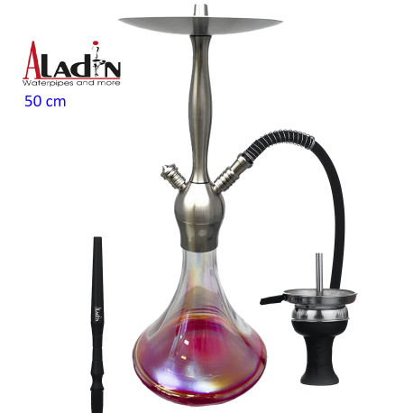3T. 50 cm shisha ALADIN Captain Schwarz de aluminio plata con base de cristal rojo