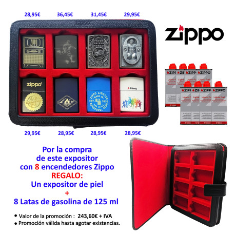 3T. Expositor de piel «Zippo» con 8 encendedores surtidos + 8 latas de gasolina