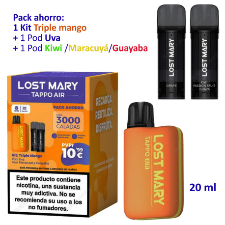 4T. PROMO BUNDLE Kit Triple Mango 20 mg. «Lost Mary TAPPO PRO» +POD Grape 20mg.+ POD  Kiwi Passion fruit Guava 20mg.