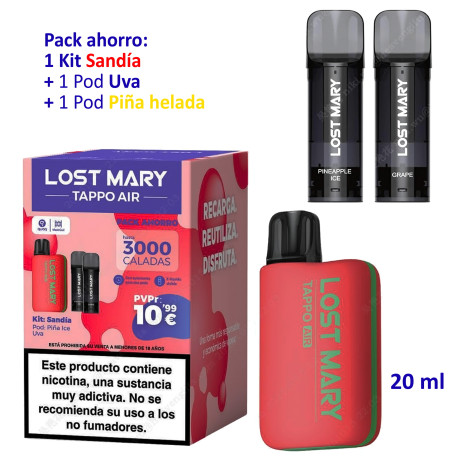 4T. PROMO BUNDLE Kit Watermelon 20 mg. «Lost Mary TAPPO PRO»  + POD Grape 20mg.+ POD Pineapple Ice 20mg.