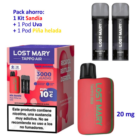 4T. PROMO BUNDLE Kit Watermelon 20 mg. «Lost Mary TAPPO PRO»  + POD Grape 20mg.+ POD Pineapple Ice 20mg.