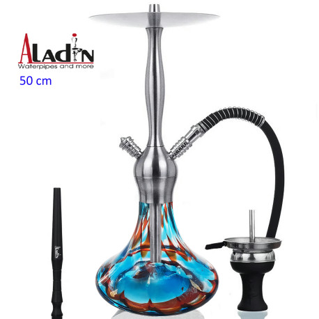 3T. 50 cm shisha ALADIN Captain Schwarz de aluminio plata con base de cristal teja y turquesa