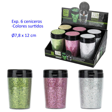 3T. Expositor con 6 ceniceros para coche Ø7,8 x 12 cm. con tapa purpurina colores surtidos