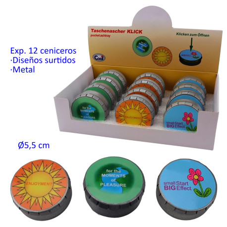 3T. Expositor con 12 Ceniceros de bolsillo CLICK redondo Ø5,5 cm diseños surtidos