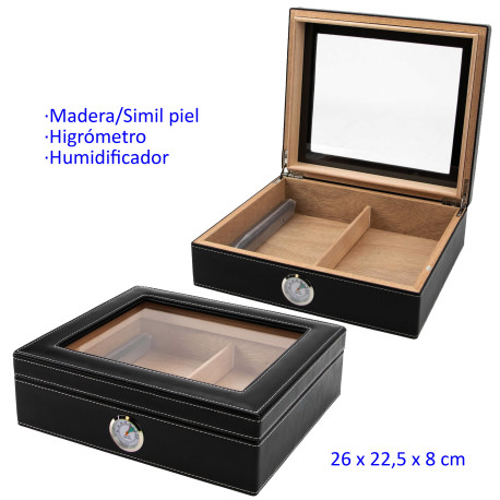 3T. Humidor madera exterior simil piel con higrómetro y humidificador 26 x 22,5 x 8 cm.