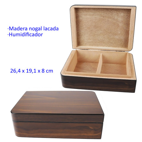 3T. Humidor madera nogal lacada con humidificador 26,4 x 19,1 x 8 cm.