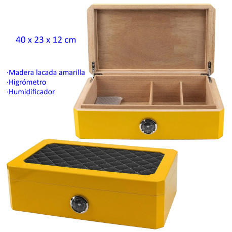 3T. Humidor madera lacado amarillo concon higrómetro y humidificador 40 x 23 x 12 cm.