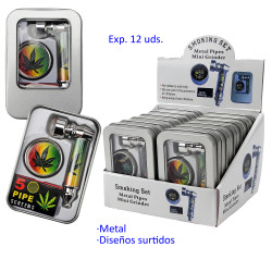 3T. Expositor con 12 Sets con pipa de metal y rejillas en caja metálica diseños surtidos