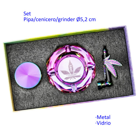 3T. Set con pipa de metal, cenicero de vidrio y grinder de metal Ø52 mm
