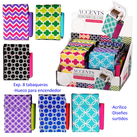 3T. Expositor con 8 tabaqueras simil piel para paquete y encendedor