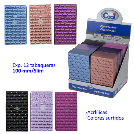 3T. Expositor con 12 tabaqueras acrílicas colores surtidos 100 mm/Slim