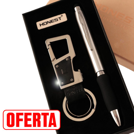 1T. Estuche con bolígrafo y llavero abrebotellas/linterna metálico color gun metal