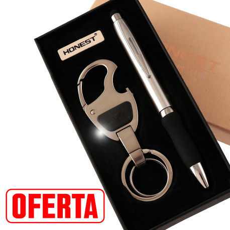 1T. Estuche con bolígrafo y llavero abrebotellas/linterna metálico color gun metal