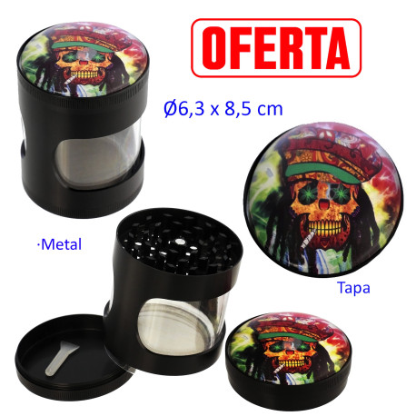 4T. Ø 6,3 cm. Grinder metal «rasta skull» 3 partes c/ventana