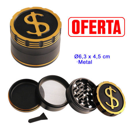 5T. Ø 6,3 cm. Grinder negro/oro 4 partes «Dólar»