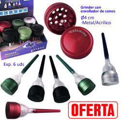 5T. Ø4 cm.  Expositor con 6 Grinders aluminio + rellena conos colores surtidos