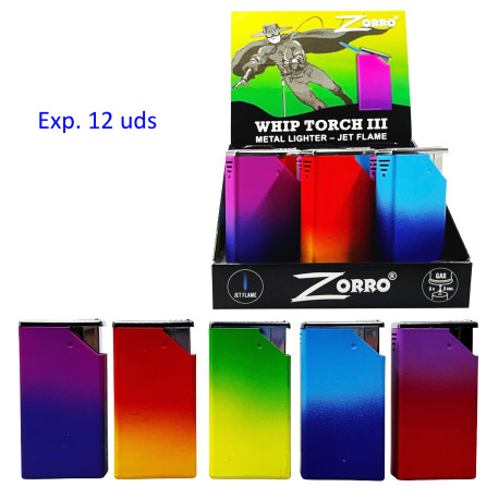 3T. Expositor 12 encendedores piezo «Zorro» Whip torch