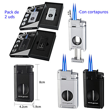 3T. Pack de 2 encendedores turbo doble llama«Silver Match» Dublin