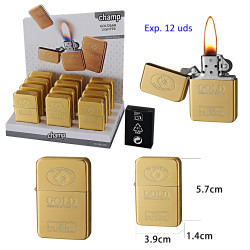 3T. Expositor 12 encendedores gasolina «CHAMP» golden