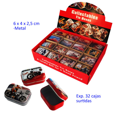 1T. Expositor con 32 cajas de metal 6 x 4 x 2,5 cm