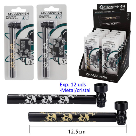3T. Expositor con 12 Pipas cristal/metal 12,5 cm. «CHAMP-HIGH» Skull
