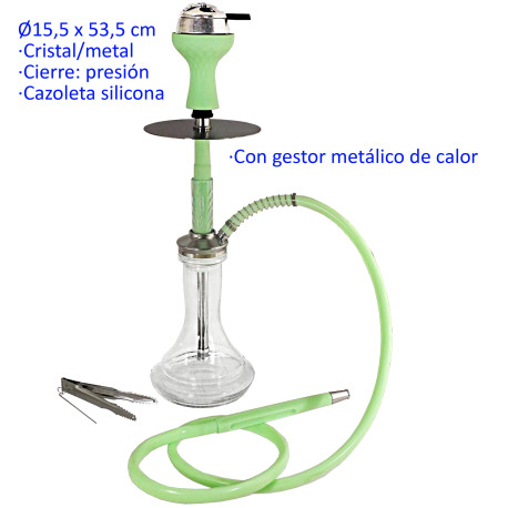 5T. 53,5 cm. Shisha verde de aluminio con base de cristal y gestor de calor