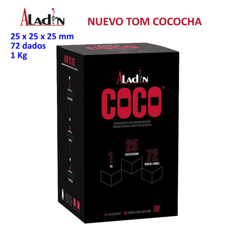4T. Caja de 1 Kg. Carbón vegetal «ALADIN COCO» con 72 dados de 25mm.