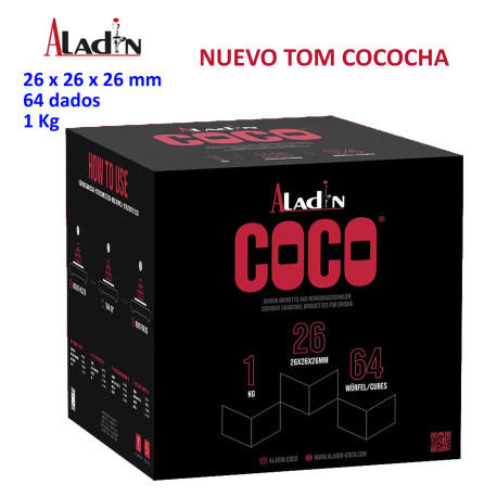 4T. Caja de 1 Kg. Carbón vegetal «ALADIN COCO» con 64 dados de 26mm.