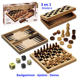 3T. Backgammon, Ajedrez y damas 3 en 1 en madera